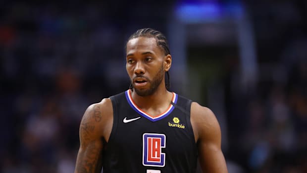 Kawhi Leonard during a timeout.
